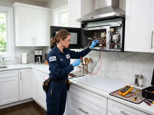 Appliance Repair Hero technician testing an over-the-range microwave in a Afton, VA kitchen